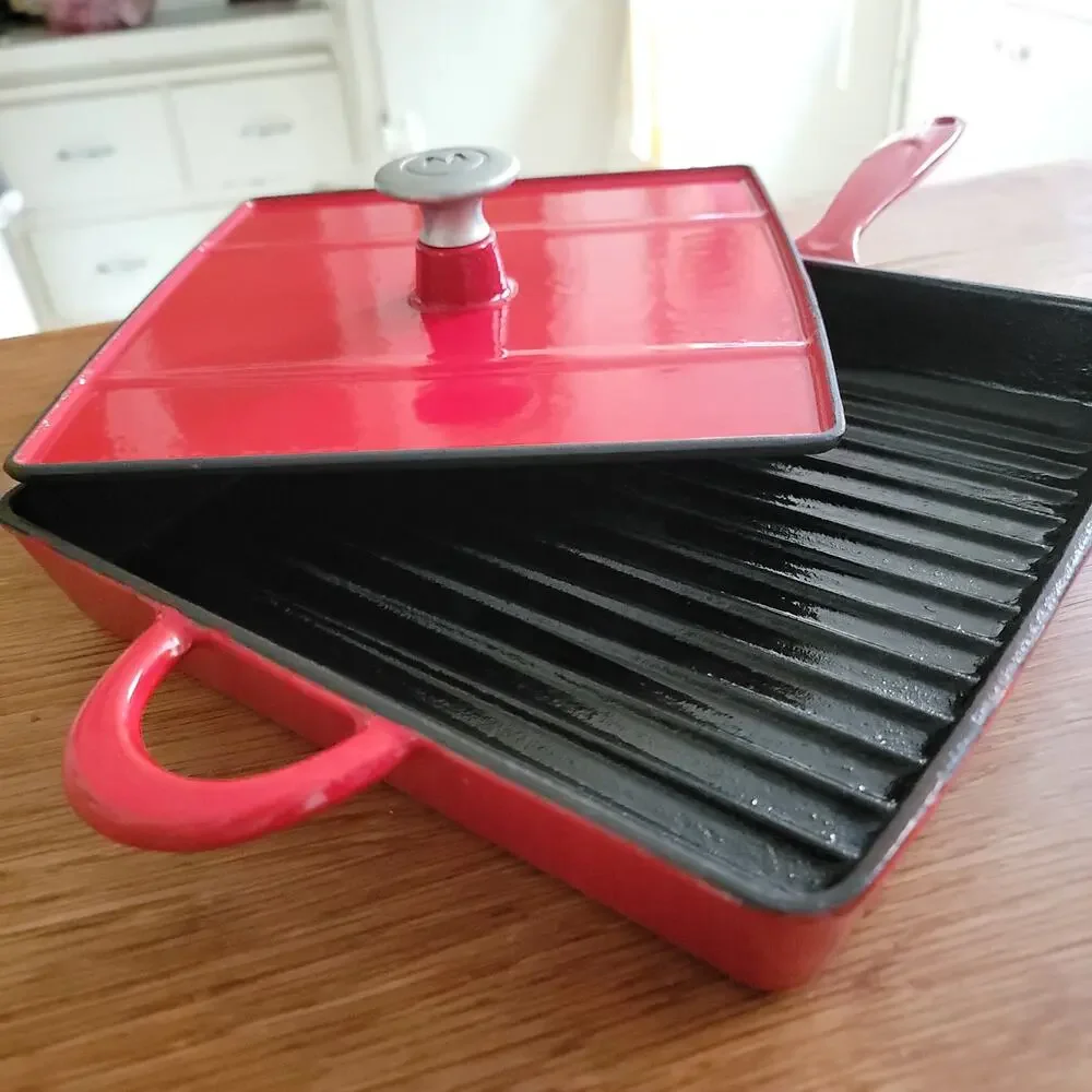 Crate and Barrel Mario Batali Red Enamel Cast Iron Grill Pan w Panini Press Lid